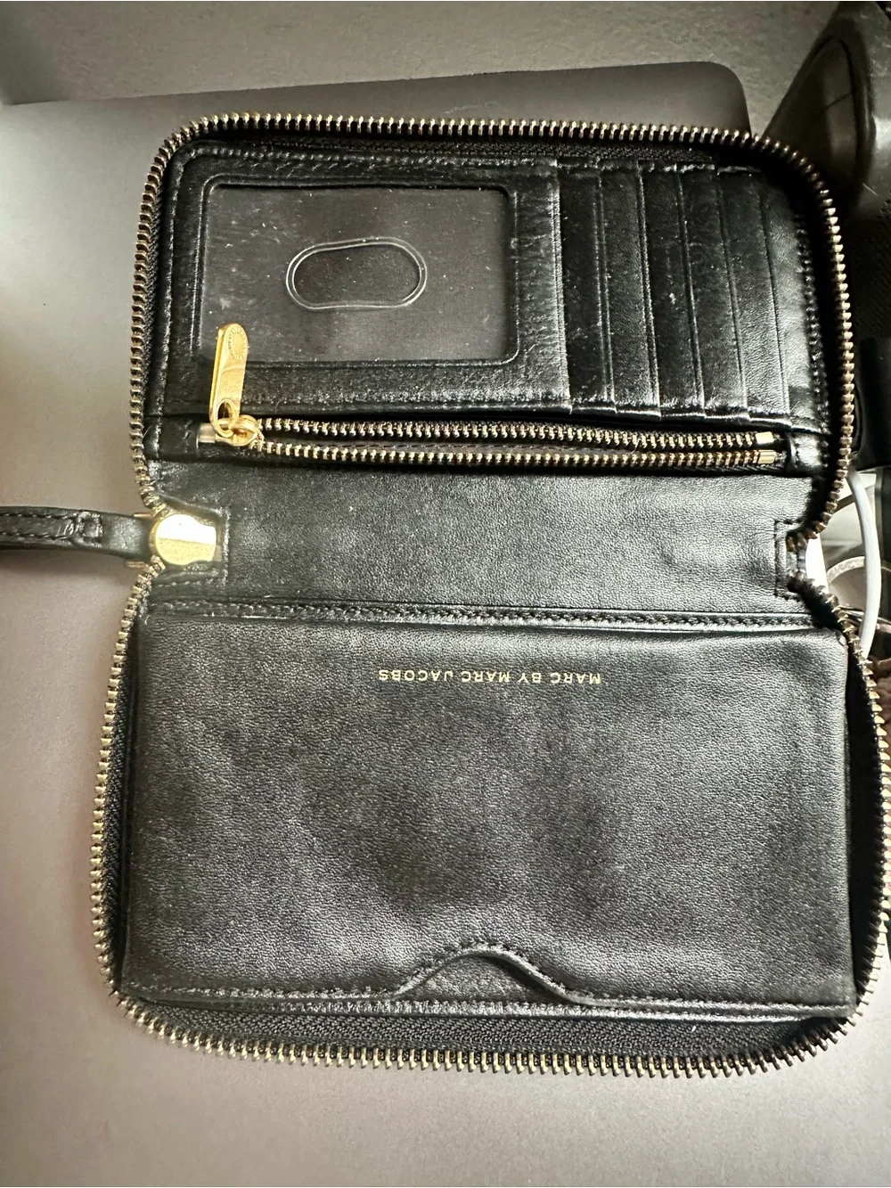 Marc Jacobs Black Leather Wristlet with Gold Zip Pull